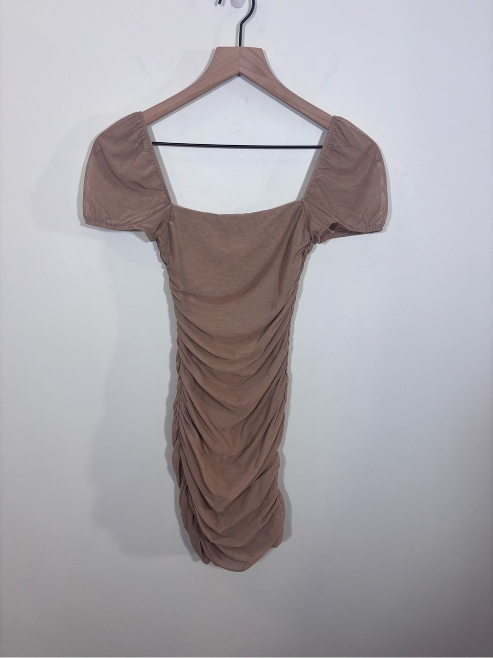 Princess Polly Charvi Mini Dress Tan NWT US 2 Ruching Sexy Mesh Stretch - Picture 8 of 14